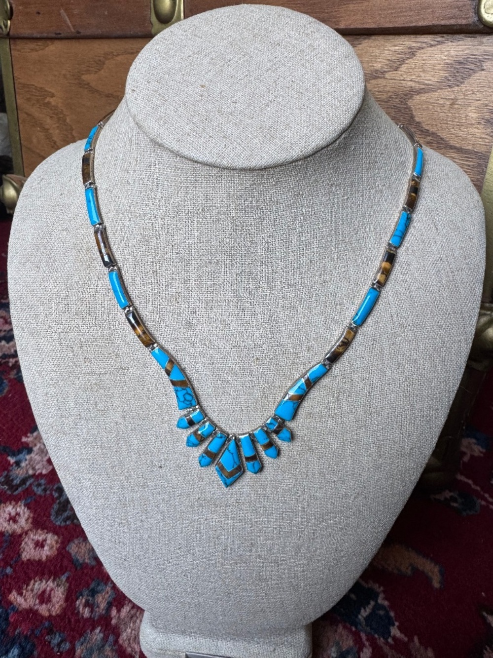 Vintage Taxco Mexico 950 Silver Turquoise Tiger's Eye Inlay Necklace